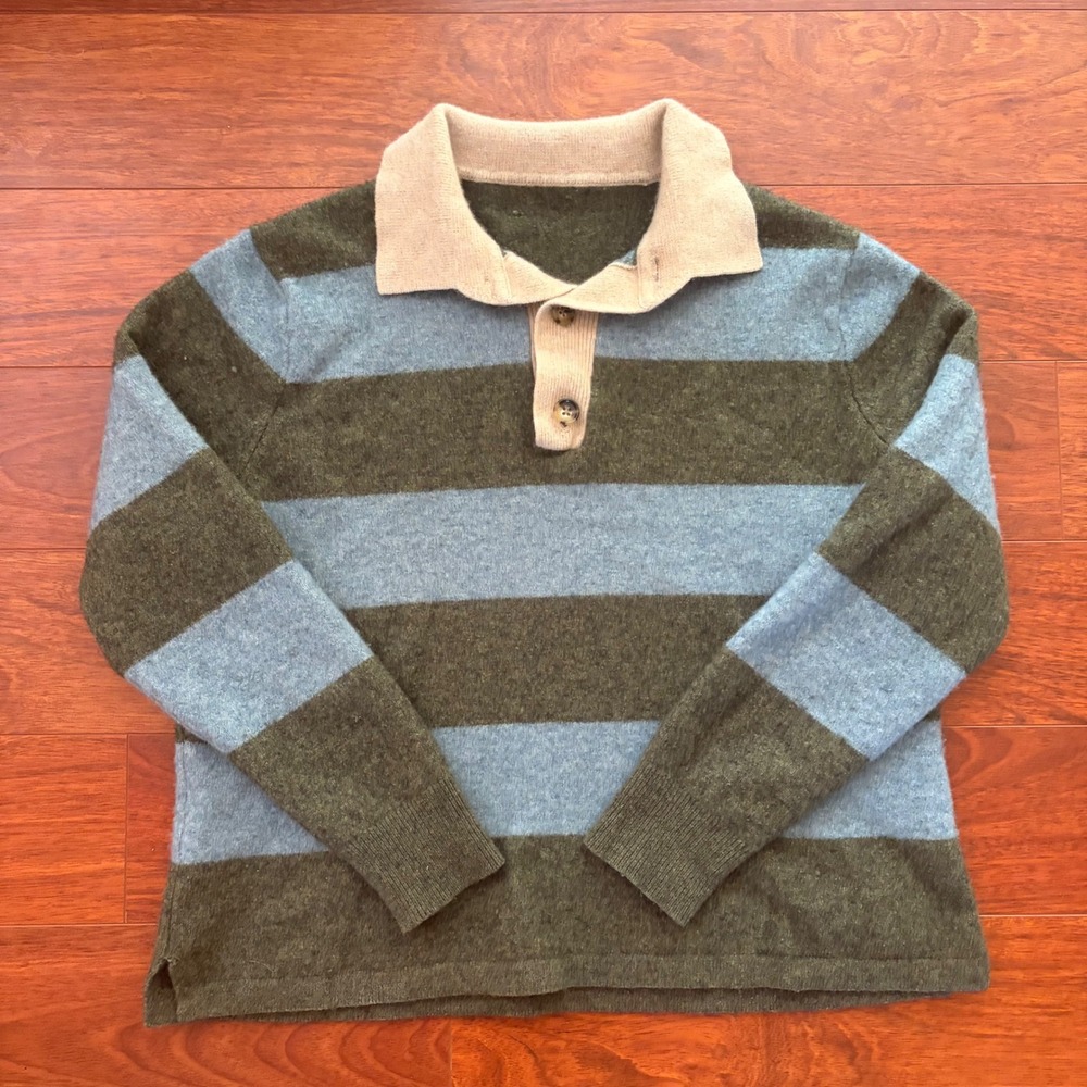 Mens Merino Wool Striped Long Sleeve Polo Sweater Green Blue Medium M